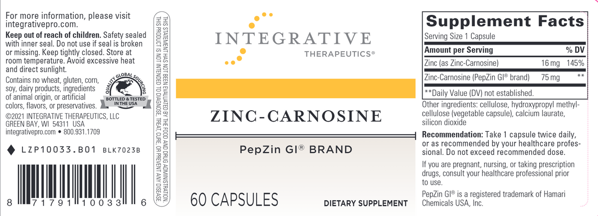 Zinc-Carnosine 60 vegcaps -Limited Supply